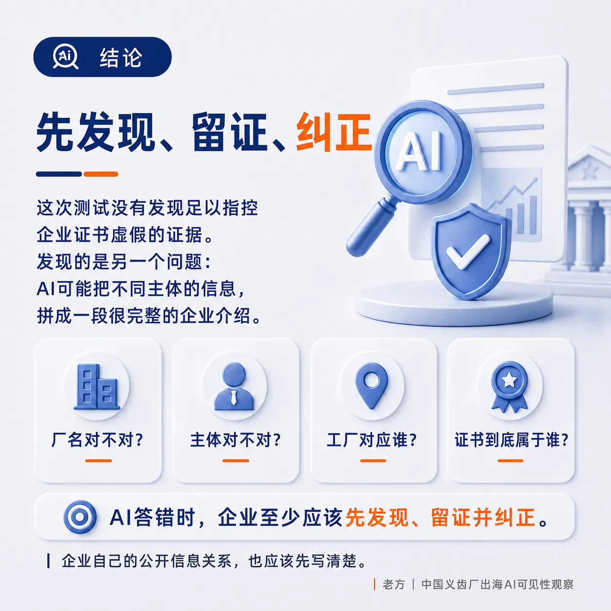 义齿厂应发现留证并纠正 AI 对厂名主体工厂地址和证书归属的错误