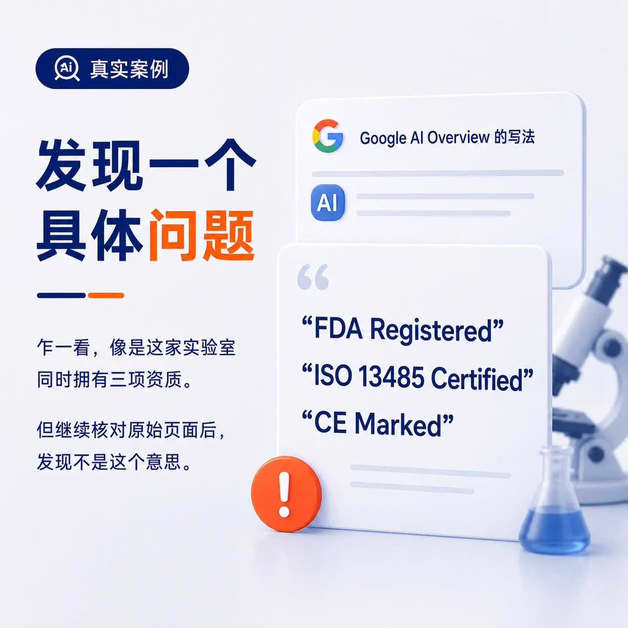 Google AI Overview 把 FDA 登记 ISO 13485 认证和 CE 标志写成同一家义齿实验室自身资质