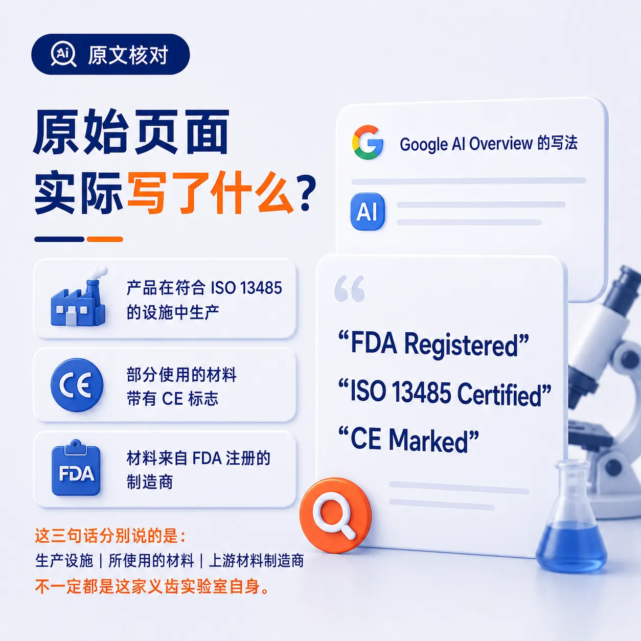 原网页的资质描述分别对应生产设施带 CE 标志的材料和 FDA 注册的上游制造商